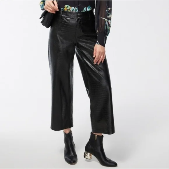 Chico's Faux Leather Croc Embossed Wide Leg Pants Size 0 (Chico's Size 4) Black - Picture 11 of 12